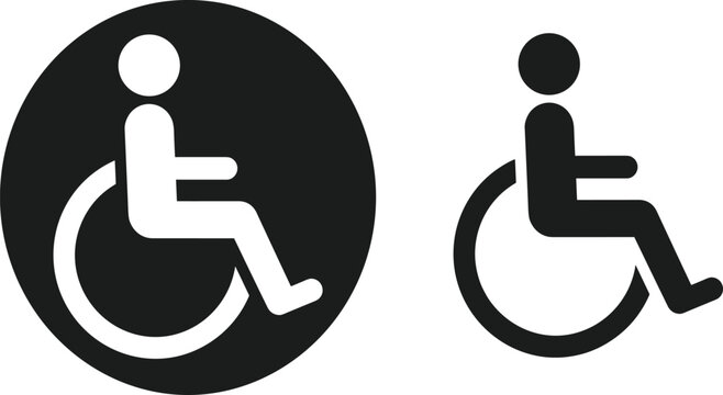 Handicap wheelchair accessibility symbol set featuring black filled circle badge and standalone pictogram icon options