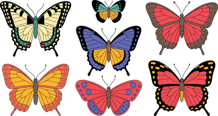 Colorful Butterfly and Swallowtail Insect Vector Illustration Set Featuring Red Purple Yellow and Swallowtail Butterfly Species Isolated on White Background © MSTSumaiya