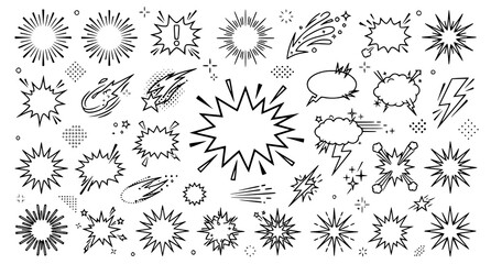 Comic Book Explosion and Sunburst Vector Set with Hand Drawn Starburst Sparkle Lightning and Speech Bubble Elements for Pop Art Designs © TOHURA