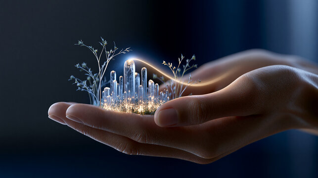 Hand h&auml;lt leuchtendes Hologramm einer futuristischen Smart City Skyline