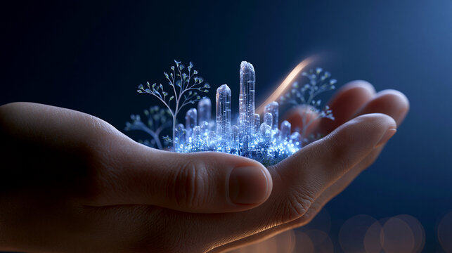 Hand h&auml;lt leuchtendes Hologramm einer futuristischen Smart City Skyline