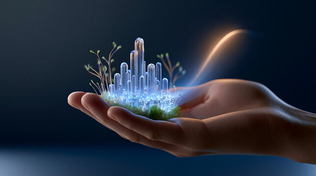 Hand h&auml;lt leuchtendes Hologramm einer futuristischen Smart City Skyline