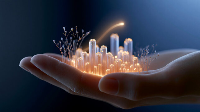 Hand h&auml;lt leuchtendes Hologramm einer futuristischen Smart City Skyline