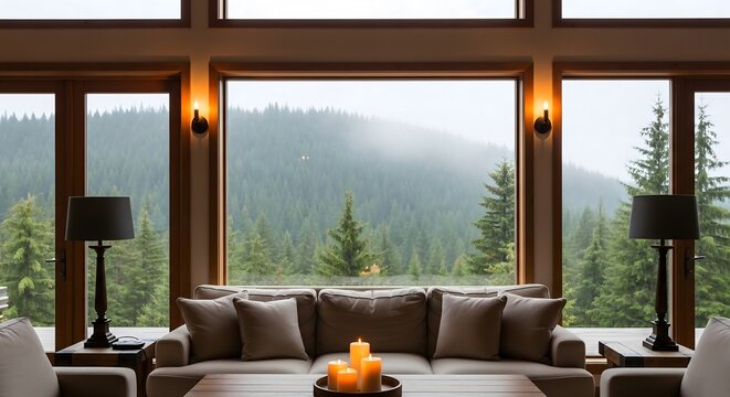 Cozy modern living room interior with large windows and forest view