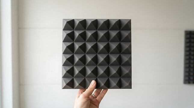 Hand holding dark grey acoustic foam panel with pyramid pattern against white wall soundproofing grey foam