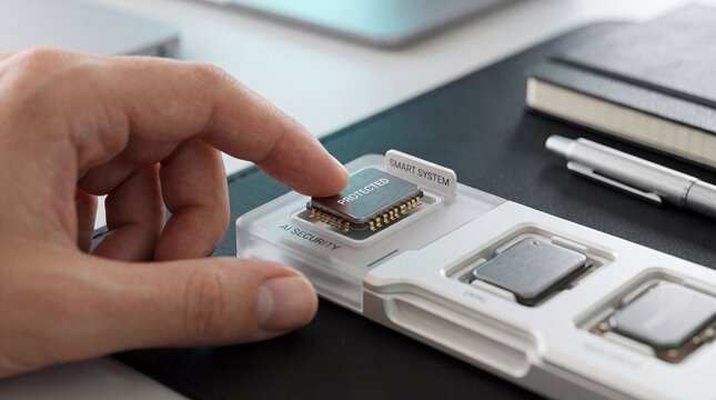 Hand selecting microchip from white tray on desk with microchip labeled protected semiconductor intelligence