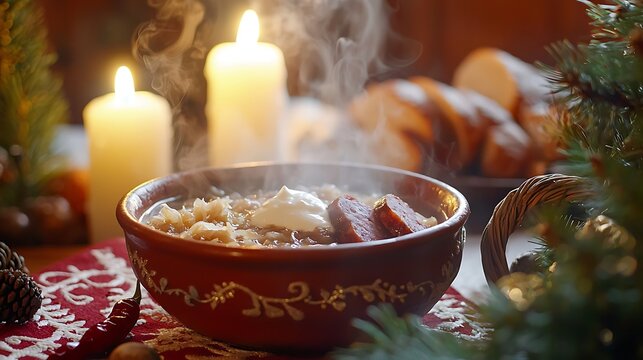 Slovakia, Slovak Christmas dinner scene with traditional red embroidered white linen tablecloth covering the table