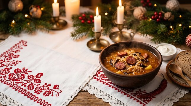 Slovakia, Slovak Christmas dinner scene with traditional red embroidered white linen tablecloth covering the table
