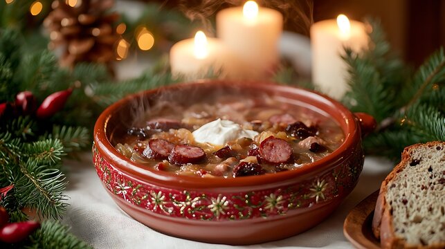 Slovakia, Slovak Christmas dinner scene with traditional red embroidered white linen tablecloth covering the table