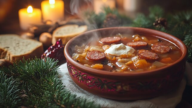Slovakia, Slovak Christmas dinner scene with traditional red embroidered white linen tablecloth covering the table