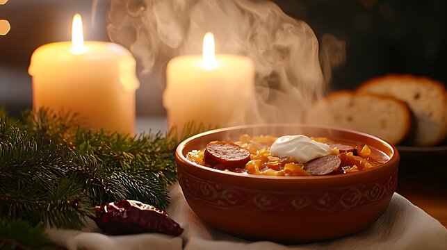 Slovakia, Slovak Christmas dinner scene with traditional red embroidered white linen tablecloth covering the table