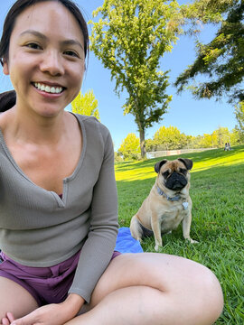 happy selfie owner pug dog
