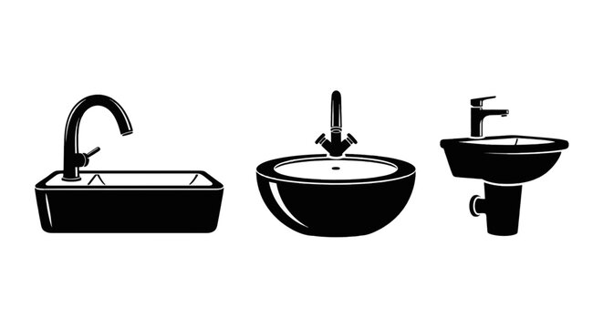 Vector illustration of set of bathroom sinks with faucets on a transparent background