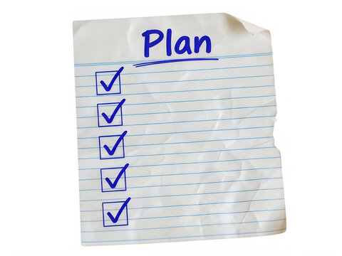 Crumpled paper note with a handwritten plan and check marks list isolated on transparent background