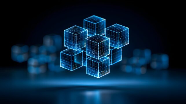 Blue Glowing Data Cubes Assembling in Digital Space