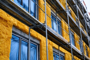 Obraz premium Scaffolding on building facade during thermal insulation