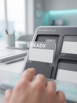 Professional hand interacting with modern digital interface displaying data ready status for business analytics workflow