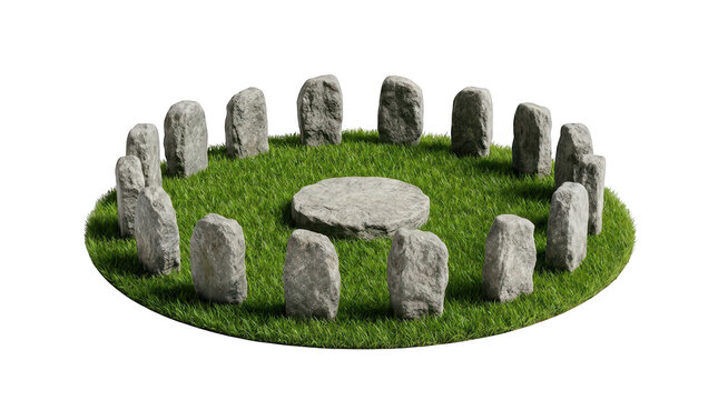 Ancient stone circle monument on a patch of green grass isolated on transparent background
