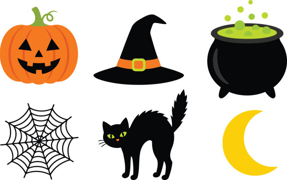 Halloween Icons Set with Pumpkin, Witch Hat, Cauldron, Black Cat, Spider Web and Moon Vector Collection