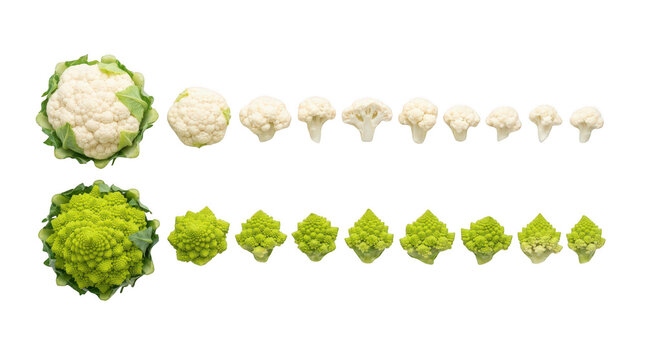 Fresh white cauliflower and green romanesco broccoli heads and pieces arranged in a neat row for healthy cooking