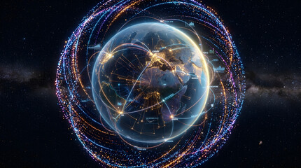 Fototapeta premium Global digital network and data connectivity visualization with glowing earth and orbiting data streams in space