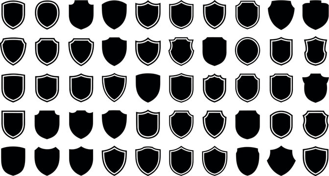 Shield icons. Protection symbol collection. Security badge silhouettes for cybersecurity, insurance, privacy, antivirus, access control, branding, user interface design, logos and defensive protection