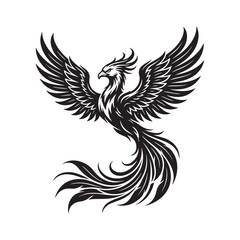 Fototapeta premium Black and White Phoenix Bird Vector Illustration Silhouette, Mythological Phoenix Firebird Tattoo Art, Transparent PNG Graphic Design Element