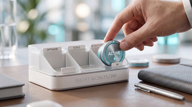 Business professional activating artificial intelligence workflow system using modern futuristic control interface desk