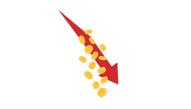 Conceptual illustration of financial loss and economic downturn featuring a red arrow pointing downwards with falling gold coins.
