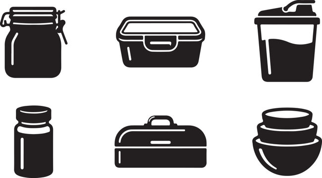 Six black food storage containers and jars icon set Vector