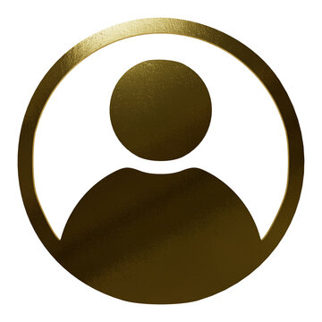 Golden user profile icon, metallic texture person symbol, isolated on transparent background