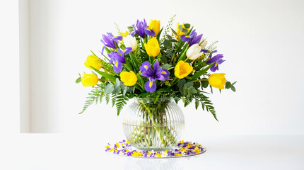 Beautiful bouquet of yellow tulips and purple irises in glass vase on white table © AbdullahAl