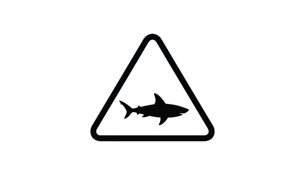 Shark warning sign featuring a black silhouette of a great white shark inside a black triangle on a white background.