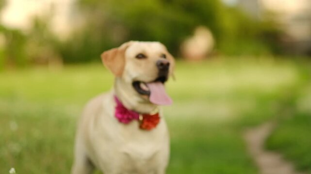 A playful yellow Labrador catches a blue ring on green grass outside.