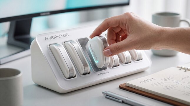 Person hand adjusts smart workflow switch device on modern desk with adjusting smart productivity organization