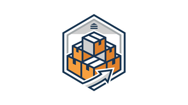 Minimalist vector logo icon featuring a stack of cardboard boxes and an upward arrow for logistics and delivery services.