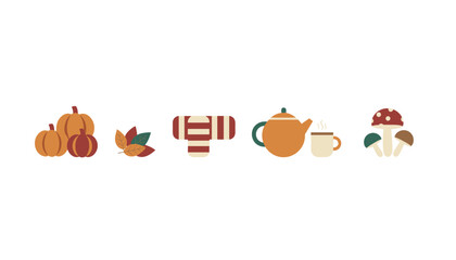 Fototapeta premium Minimalist autumn graphic set showing orange pumpkins, fallen leaves, a striped scarf, hot teapot, and mushrooms.