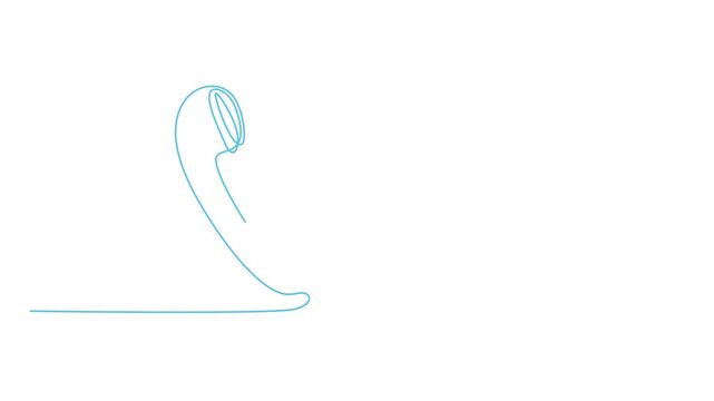 Minimalist continuous line art of a vintage telephone handset, blue outline of a classic phone receiver with curly cord, simple vector illustration for customer support 4k video