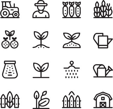 kinds of Farming web icons in line style. Agriculture, planting, fertilizer, vegetables, tractor, farmers, fence, farm buildings, collection. Editable stroke. Vector illustration on white Background