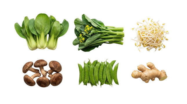 Collection of fresh asian vegetables including bok choy gai lan bean sprouts shiitake mushrooms green beans and ginger