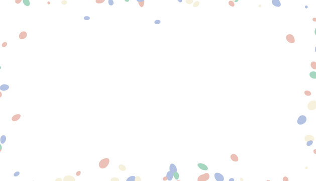 Soft pastel colored confetti dots scattered around a white frame background creating a festive celebration mood.
