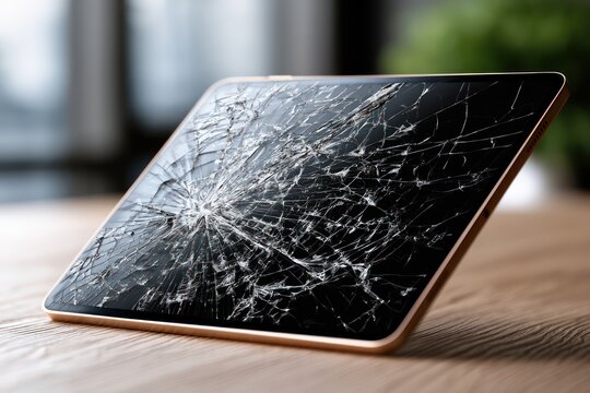 Shattered glass screen on black tablet computer
