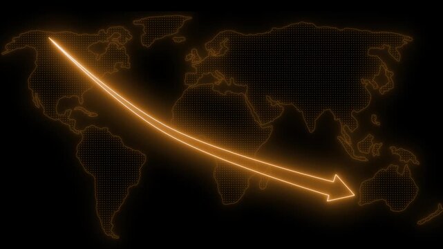Neon glowing arrow crossing dotted world map animation