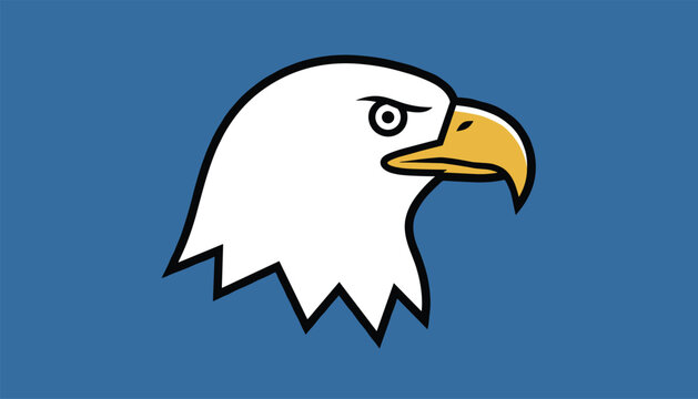 Bald eagle head illustration facing right with white feathers and yellow beak set against a solid blue background.