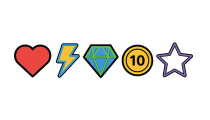 Naklejka premium Game interface icons featuring a red heart, lightning bolt, green diamond, gold coin with number ten, and a purple star outline.