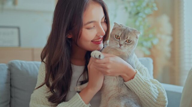 Close up of happy Asian woman cuddling cute grey cat on sofa at living room, young female pet owner hugging kitten playing indoors during leisure weekend for pet care and animal friendship concept. 