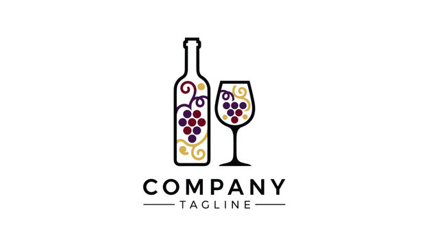 Creative corporate logo showing a wine bottle and glass embellished with purple grape bunches and golden swirls.