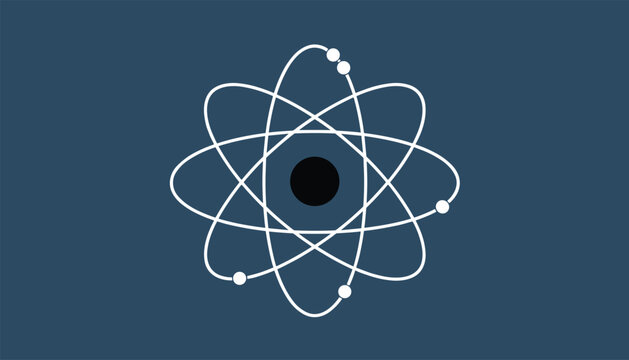 Graphic illustration of an atom model with a dark central nucleus and orbiting electrons on a blue background.