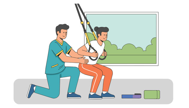 Male physiotherapist helping a woman perform squats using suspension straps in a bright rehabilitation room.