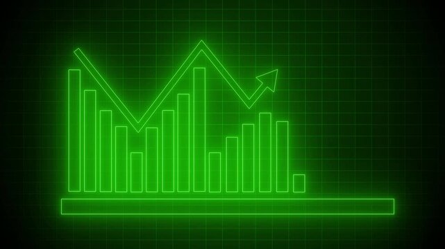 Glowing neon-style bar chart with overlaid line graph and upward arrow animation